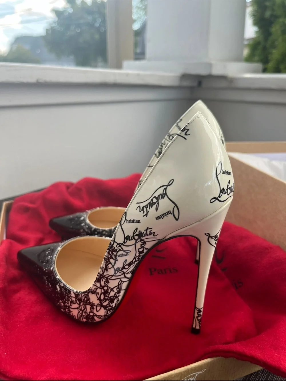 Christian Louboutin So Kate 120mm Black & White Script Pointed Patent Stilettos